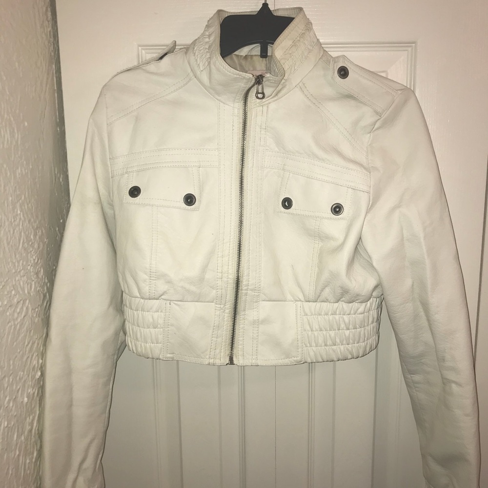 trendy white crop faux leather jacket LARGE